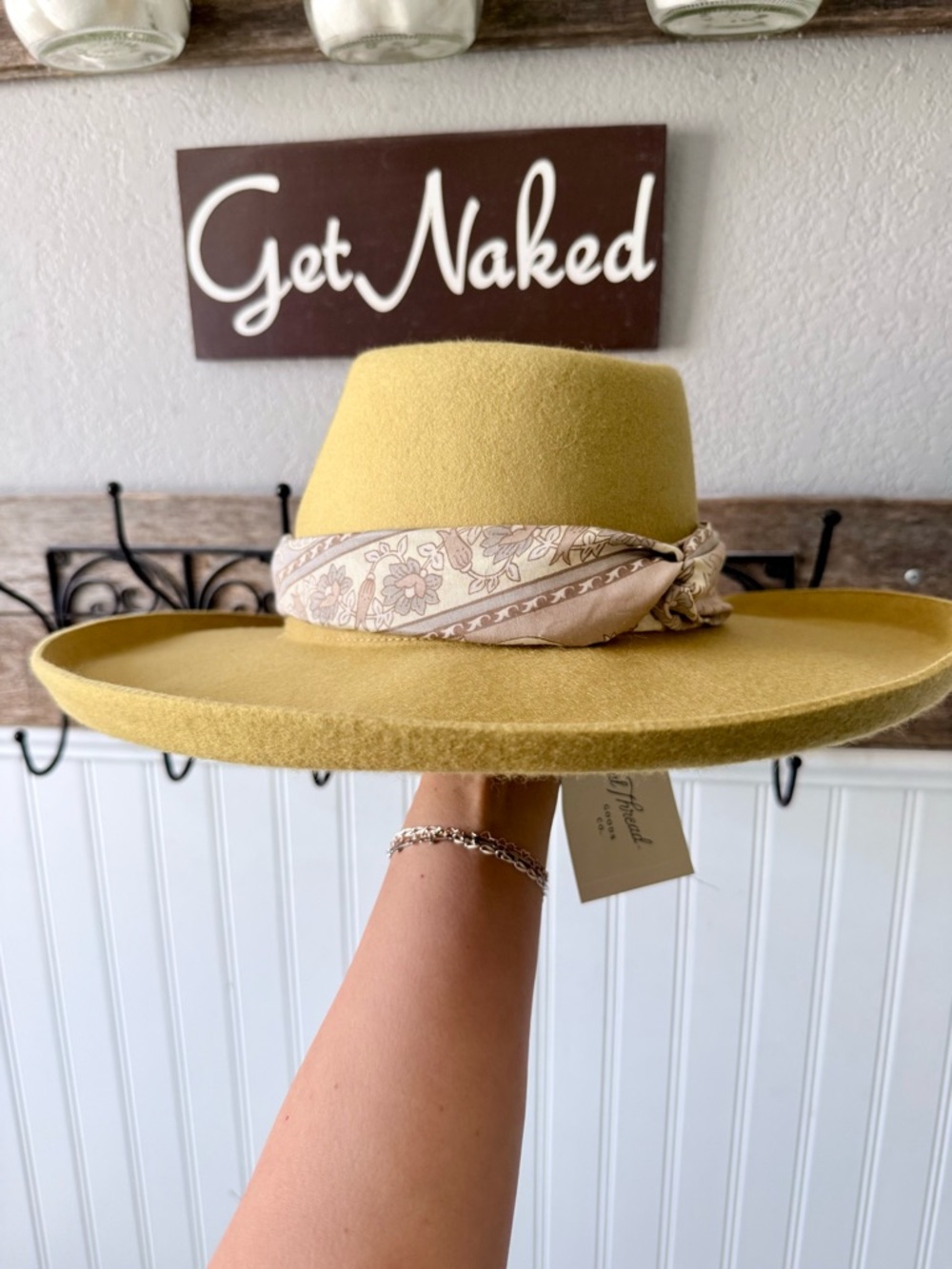 Universal Thread Mustard Wide-Brim Fedora with Floral Scarf Band